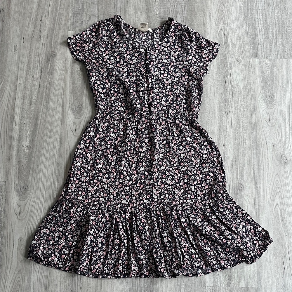 Passport Navy and Pink Floral Button Up Short Sleeve Dress